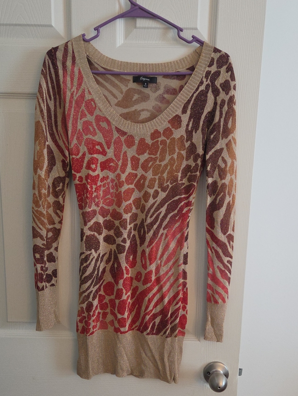 Express Scoop Neck Metallic Animal Print Sweater - Red, Brown, Gold